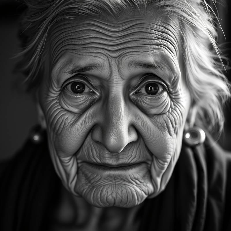 A black and white portrait of an elderly woman with deep wrinkles and kind eyes