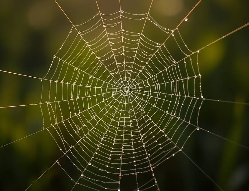 A close-up shot of a dew-covered spiderweb glistening in the morning light