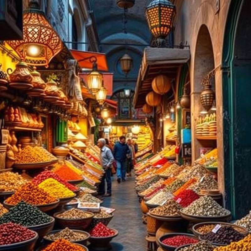 A colorful display of spices in a Moroccan marketplace