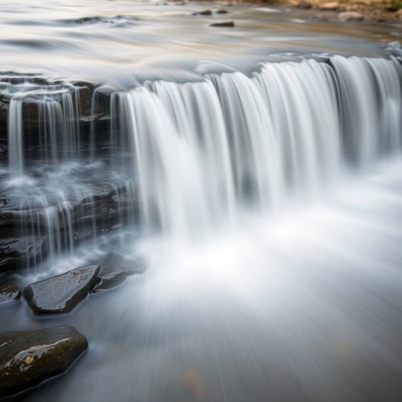 A long exposure shot of a waterfall cascading over rocks, creating a blurred effect