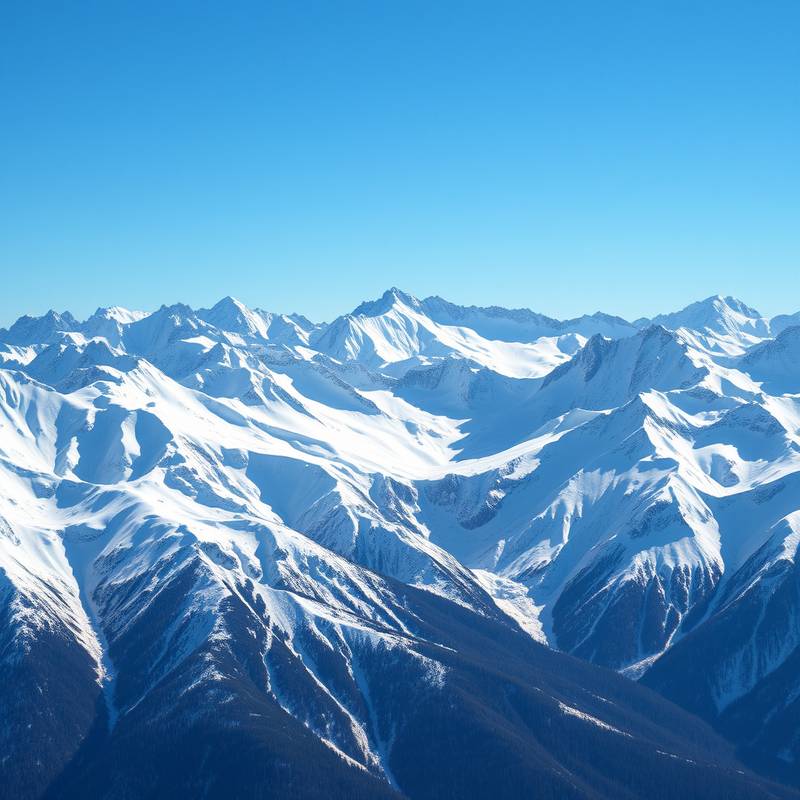 A snowy mountain range under a clear blue sky, captured from a high altitude