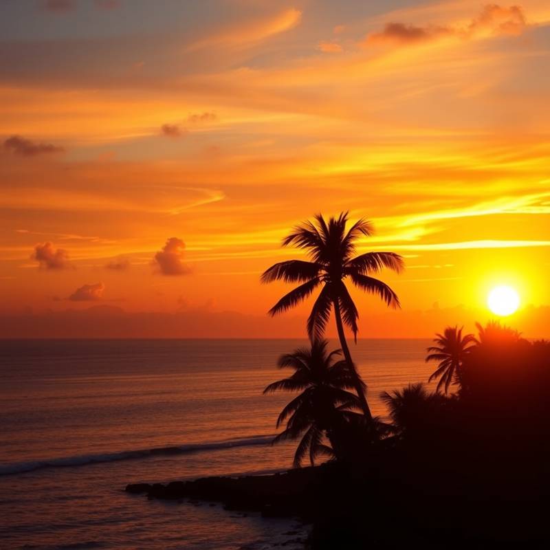 A vibrant sunset over a calm ocean, with silhouette of palm trees in the foreground